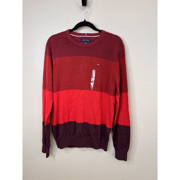Tommy Hilfiger Mens Striped Crewneck Sweater Large New Red Maroon Long Sleeve - Picture 1 of 8
